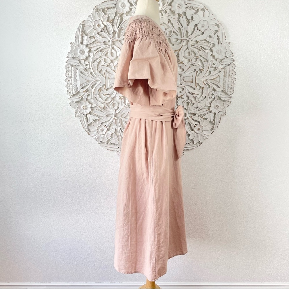 {THE GREAT.} The Smocked Sleeve Sash-Waist Midi Dress, Blush, Size 0, NWT - Picture 5 of 11